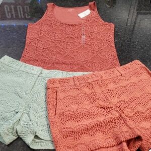 LOFT Coral and Mint Lace Tank and Shorts Set